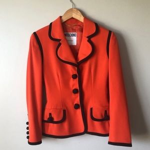 Moschino orange skirt suit with black trim, size 4